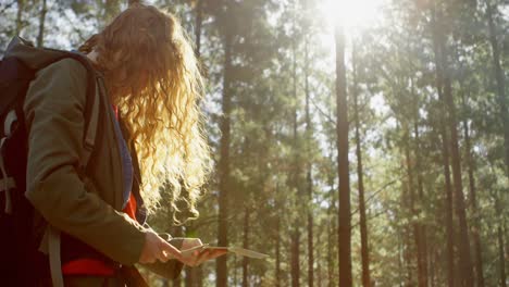 mujer mirando el mapa en el bosque 4k