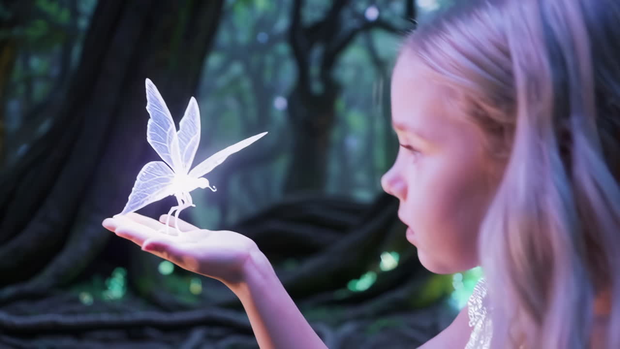 Ragazza che tiene una farfalla luminosa in una foresta incantata