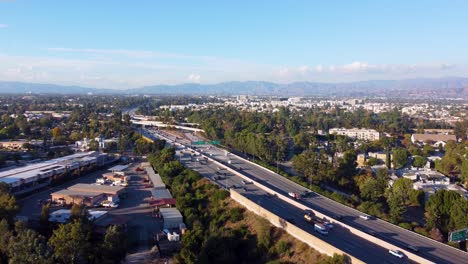 static drone shot of the 170 and 101 in north hollywood, california