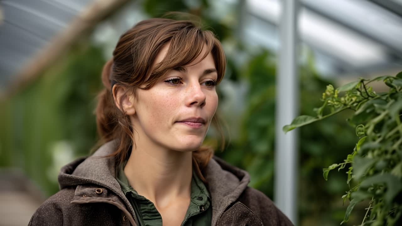 Thoughtful Young Woman Looking Around in a Greenhouse
