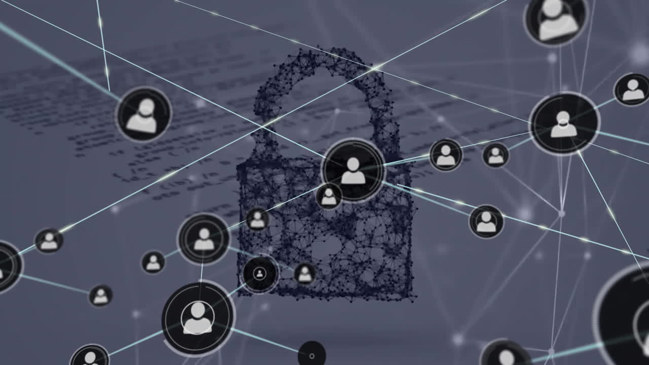 아이콘을 가진 연결 네트워크의 애니메이션과 패들록을 통해 데이터 처리