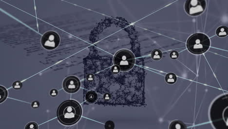 Animation-of-network-of-connections-with-icons-and-data-processing-over-padlock