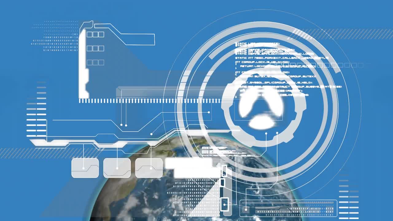 interfaz digital con procesamiento de datos sobre un globo girando contra un fondo azul