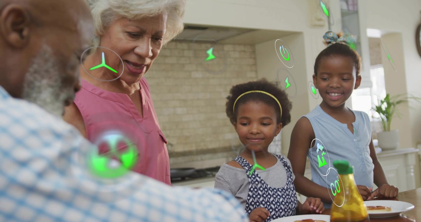 Pa reaching for bowl, gran helping, kids topping pancakes with berries, green overlays growing