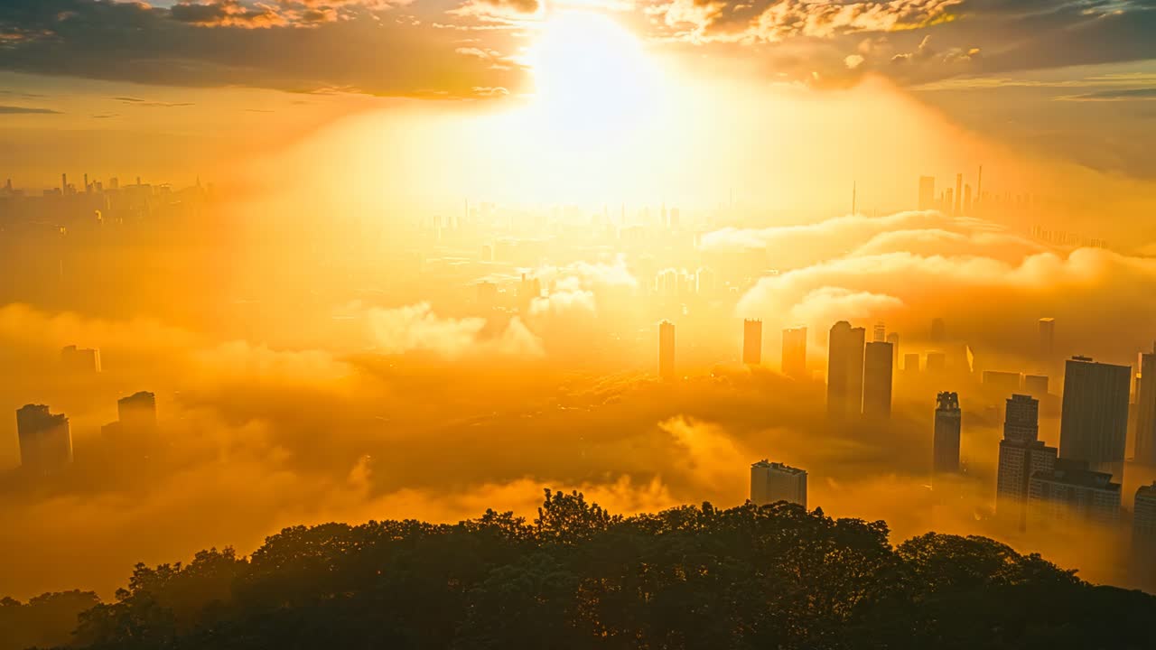 A city skyline is seen in the background with a large sun in the foreground. The sun is surrounded by a cloud of smoke, giving the impression of a fiery sun