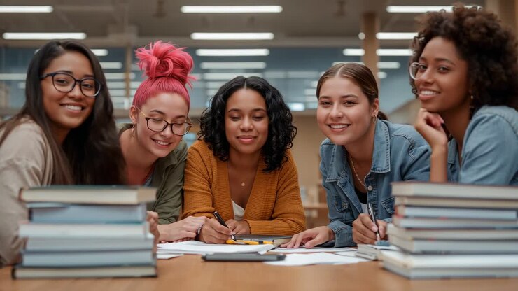 Notebooks opening, five female students leaning, writing in library, textbooks for studying