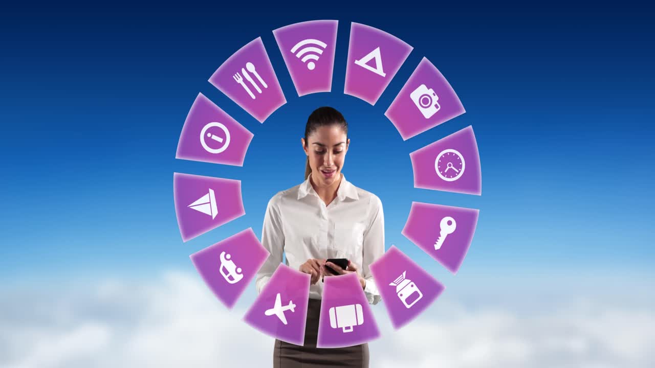 animación de iconos de viajes y mujer caucásica usando un teléfono inteligente