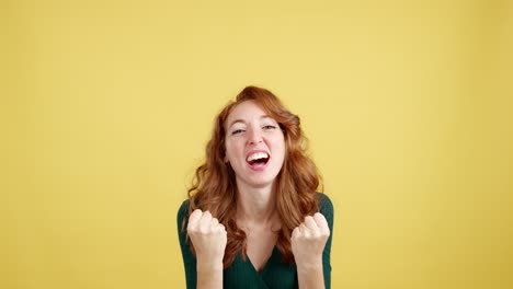 expressive red-haired woman with freckles showing various emotions on yellow background