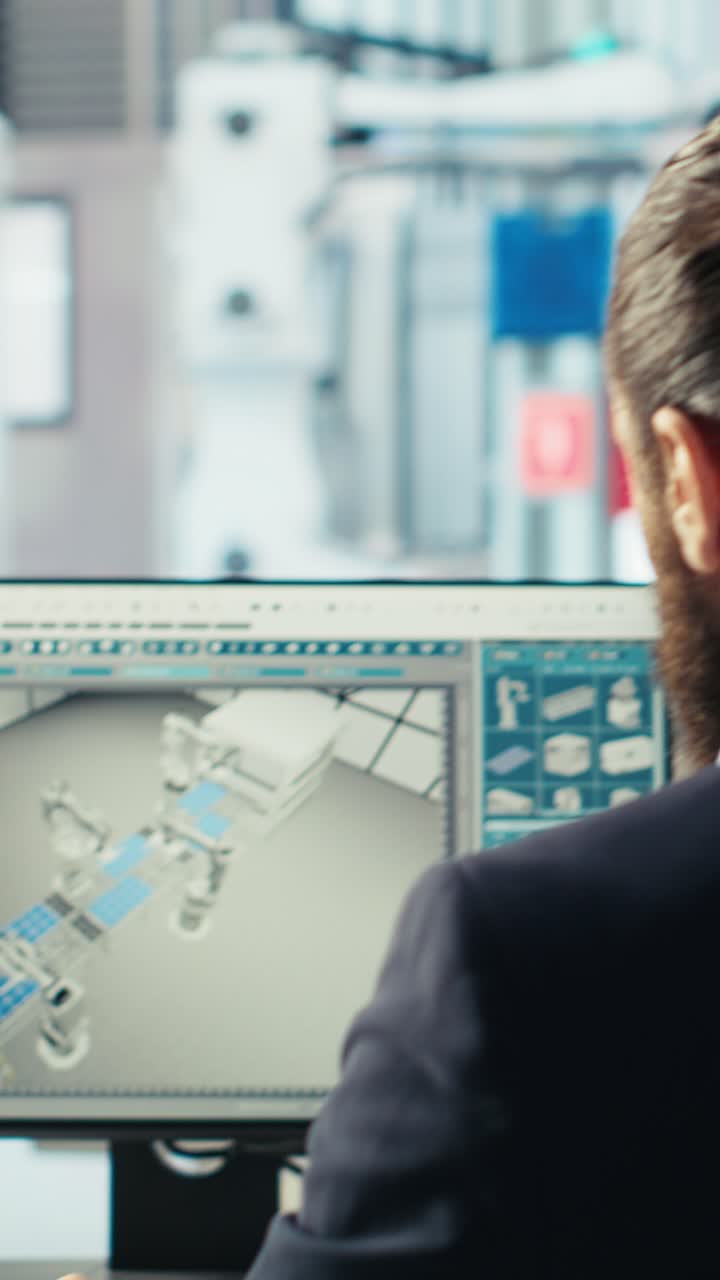 Vertical Video Engineer In Photovoltaics Factory Drinks Coffee At Pc And Diagnoses Systems