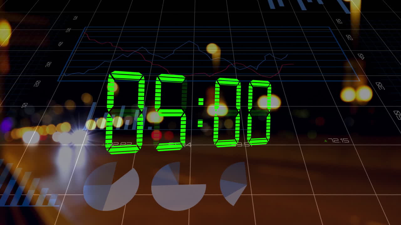 Animation of financial data processing over timer and city