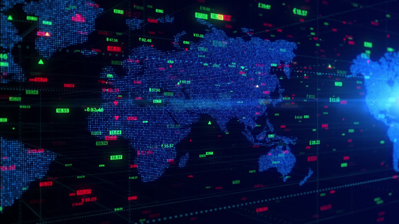 Digital data financial investment with world map and stock indexes, Financial business diagram with stock market price changes, Business and finance background 4K animation Seamless Loop