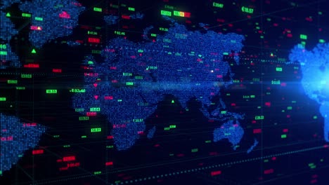 digital data financial investment with world map and stock indexes, financial business diagram with stock market price changes, business and finance background 4k animation seamless loop