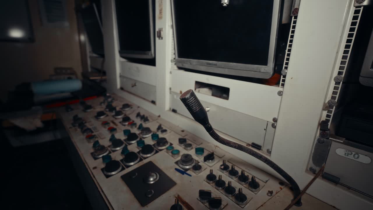 Abandoned Vintage Control Panel with Microphone and Monitors