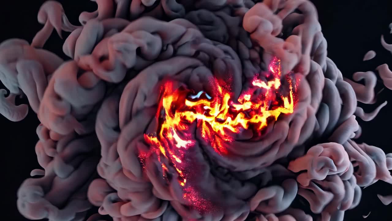 Video con vista dall'alto di fumo vorticoso e texture infuocate, che crea un vortice dinamico e astratto.