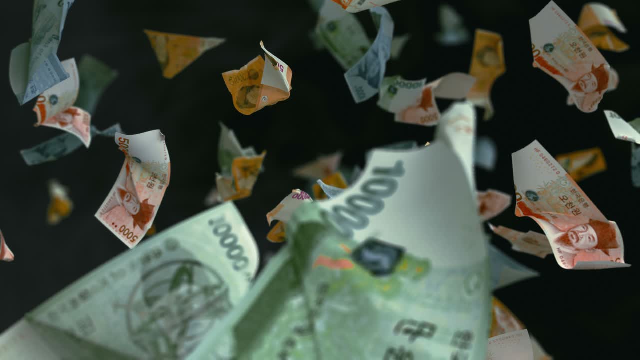 падающие южнокорейские банкноты 4k петля