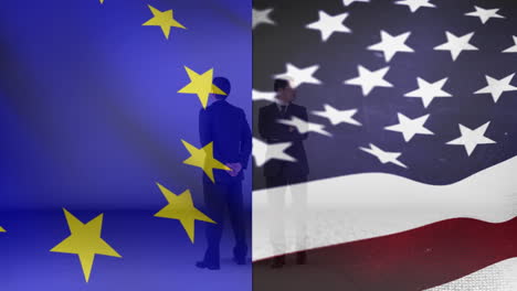 flag of europe beside the flag of the united states and two men