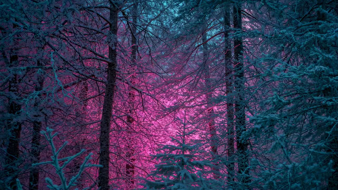 Moving camera revealing snow-covered conifer trees in snowy forest, with bright magenta glow