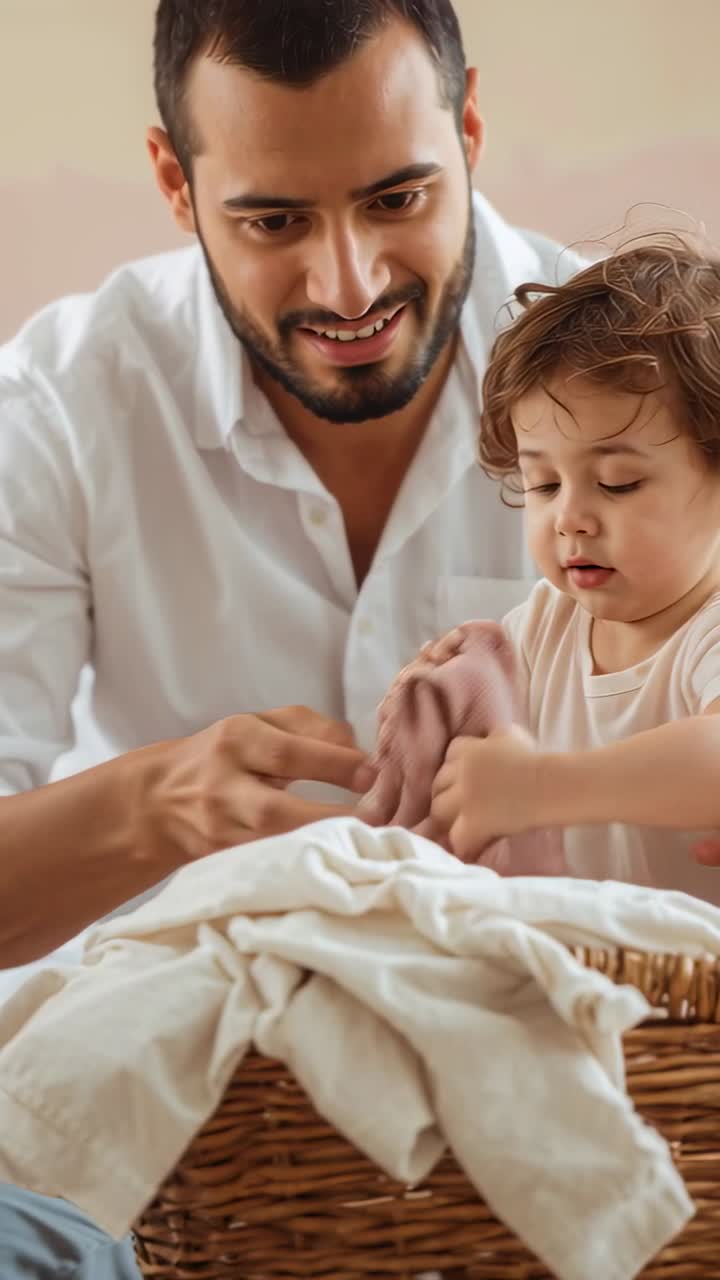 Video verticale: Padre sorridente che guida un bambino piccolo con una maglietta chiara che esplora un cesto a casa con uno straccio rosa