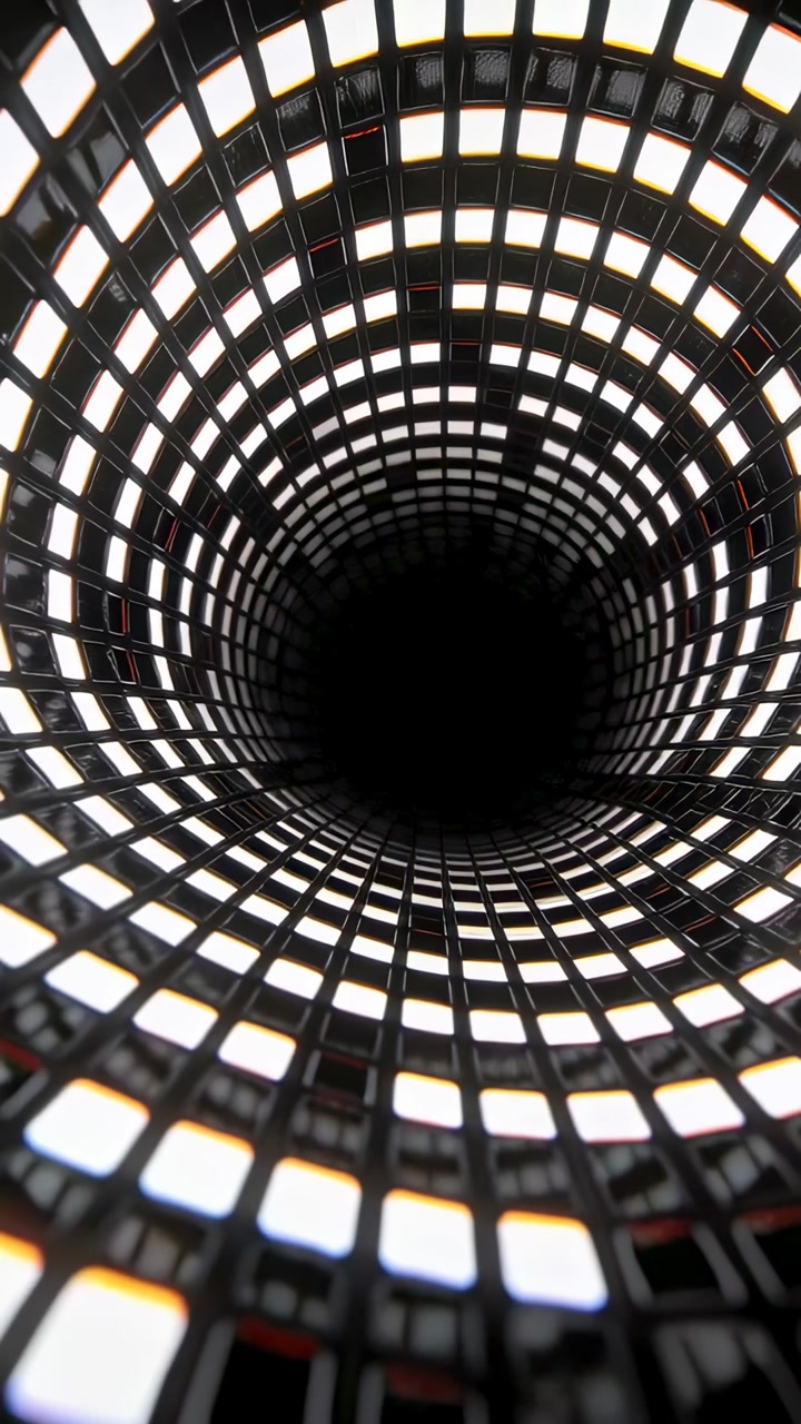 Vertical video: Tilting camera showing mesh tube for inspecting interior, shifting grid and lights