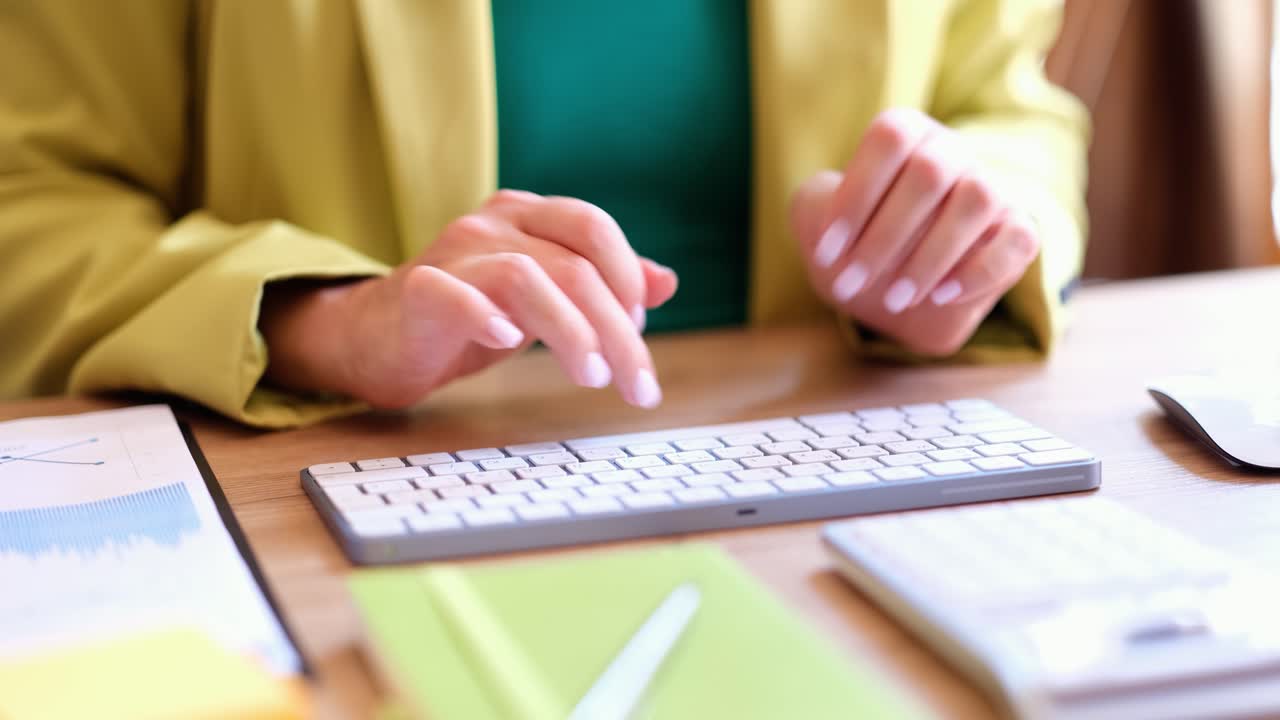 Woman typing on a keyboard at her desk