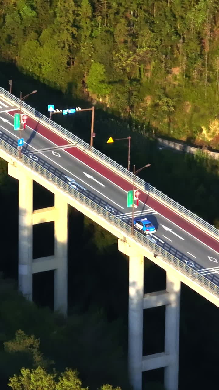 Vertical drone shot following a car on bridge, driving to a tunnel in China
