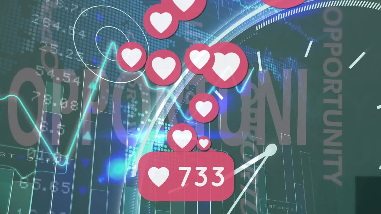 Animation of media icons and data processing on black background