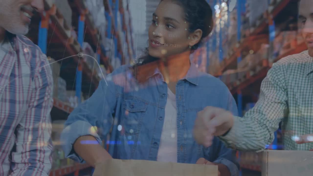 animación del procesamiento de datos financieros sobre las personas que trabajan en el almacén