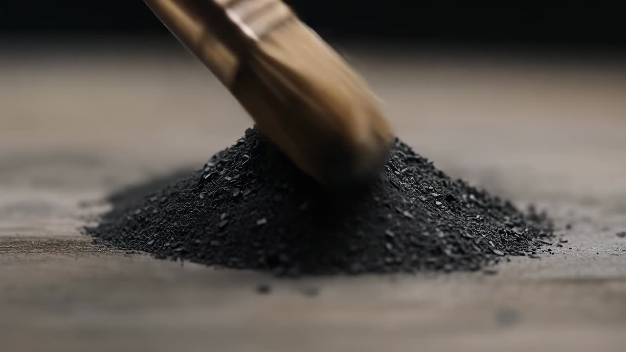 Entering from above brush sweeping black ash pile on wood table, carving bowl revealing flakes