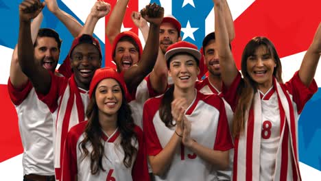animation of group of people raising hands over american flag