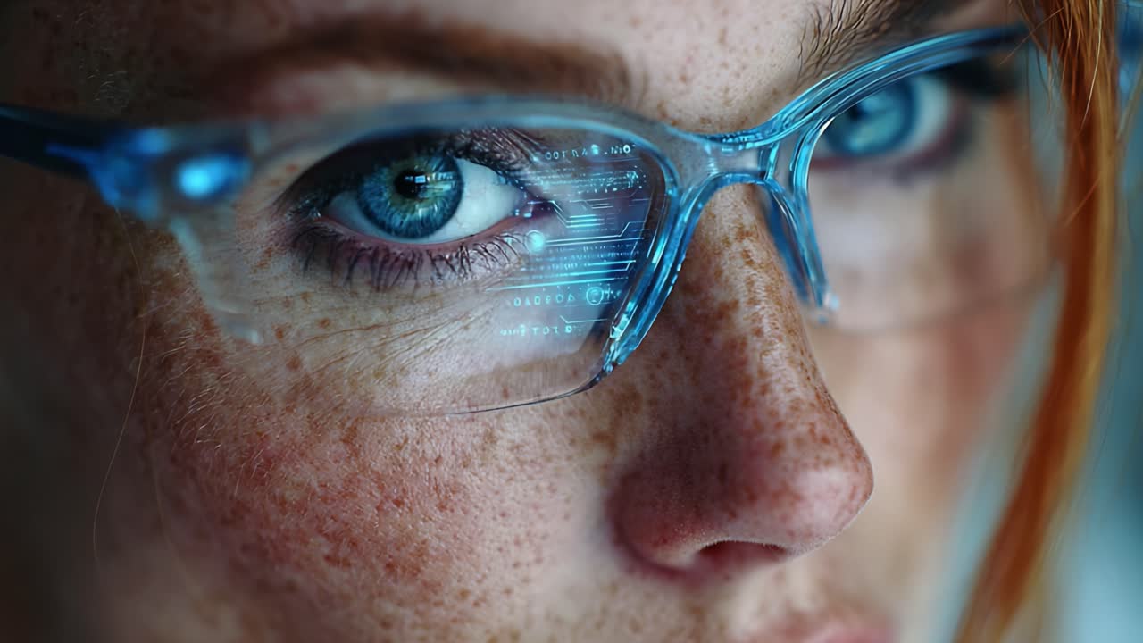An Intense Glimpse into the Digital Realm: Captivating Close-Up of a Young Woman's Freckled Face with High-Tech Glasses Displaying Futuristic Interface Elements