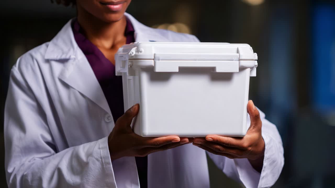 A healthcare professional in a white lab coat smiles while holding a clean, white medical storage box in a dimly lit clinical environment, showcasing dedication to safe handling of medical supplies