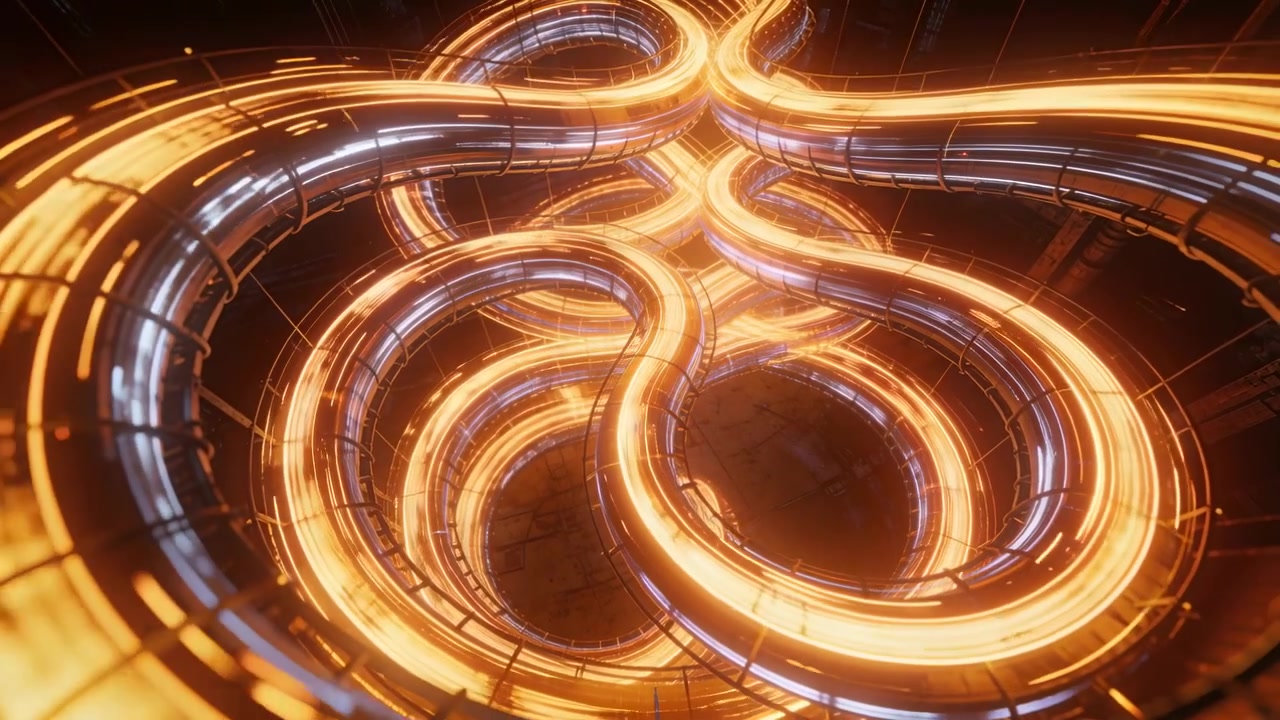 Pulsing intertwined metal tubes circulating orange energy in reactor bay, with lights intensifying