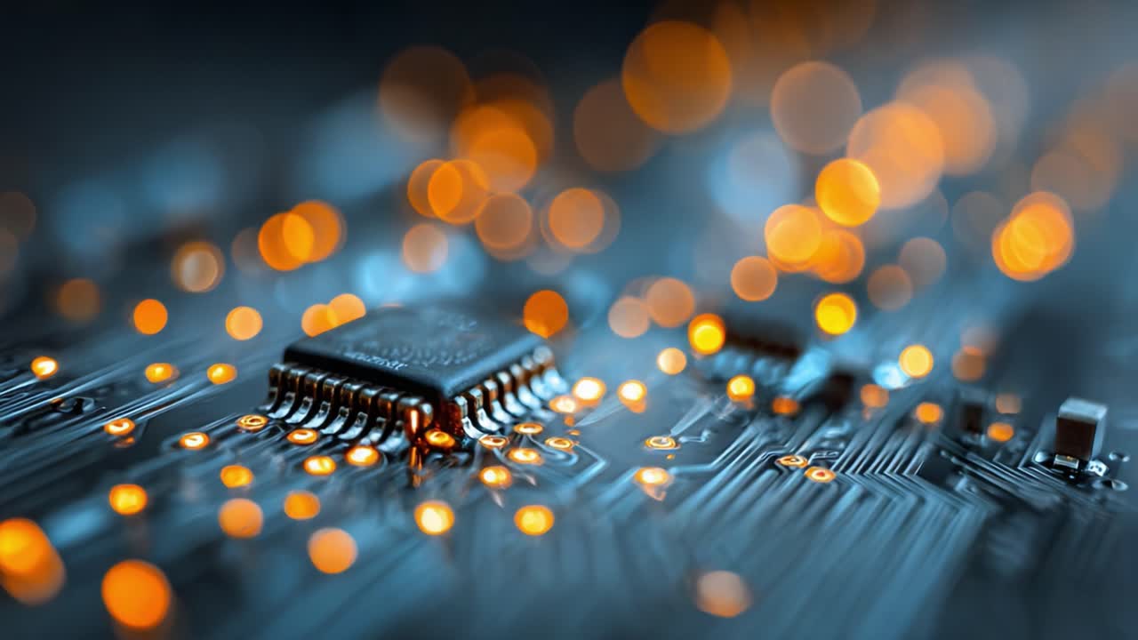 A Close-Up View of a Circuit Board with Sparkling Microchips and LED Lights Creating a Dynamic and Futuristic Atmosphere in a Technological Environment