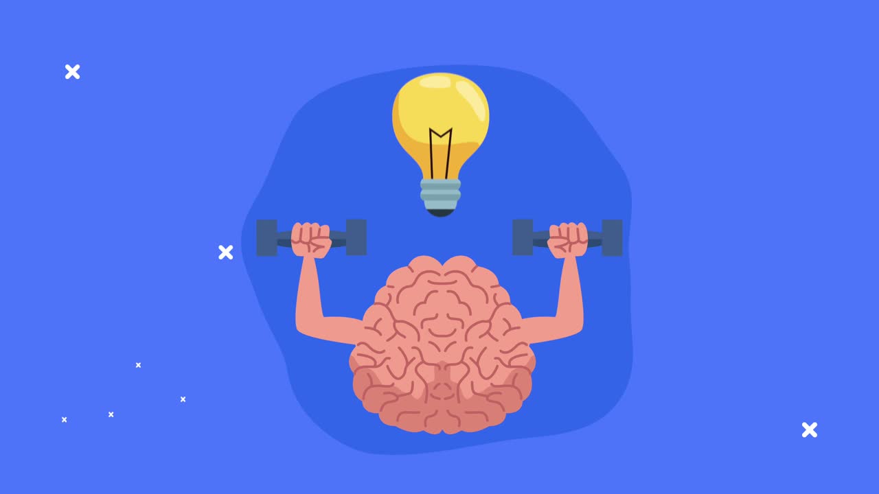 mental health animation with brain lifting dumbbells and bulb