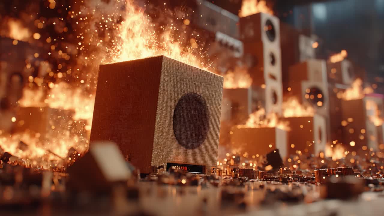Una visualizzazione dinamica di apparecchiature audio in fiamme: fiamme che avvolgono altoparlanti e amplificatori in un intenso ambiente digitale.