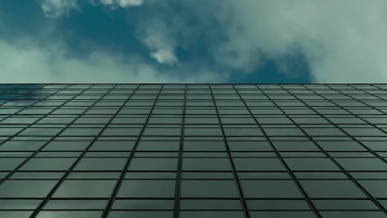 Up view between high rise office skyscrapers. Business concept of office buildings with offices of financial and insurance companies. It is a success to rent real estate in such place, loop animation.