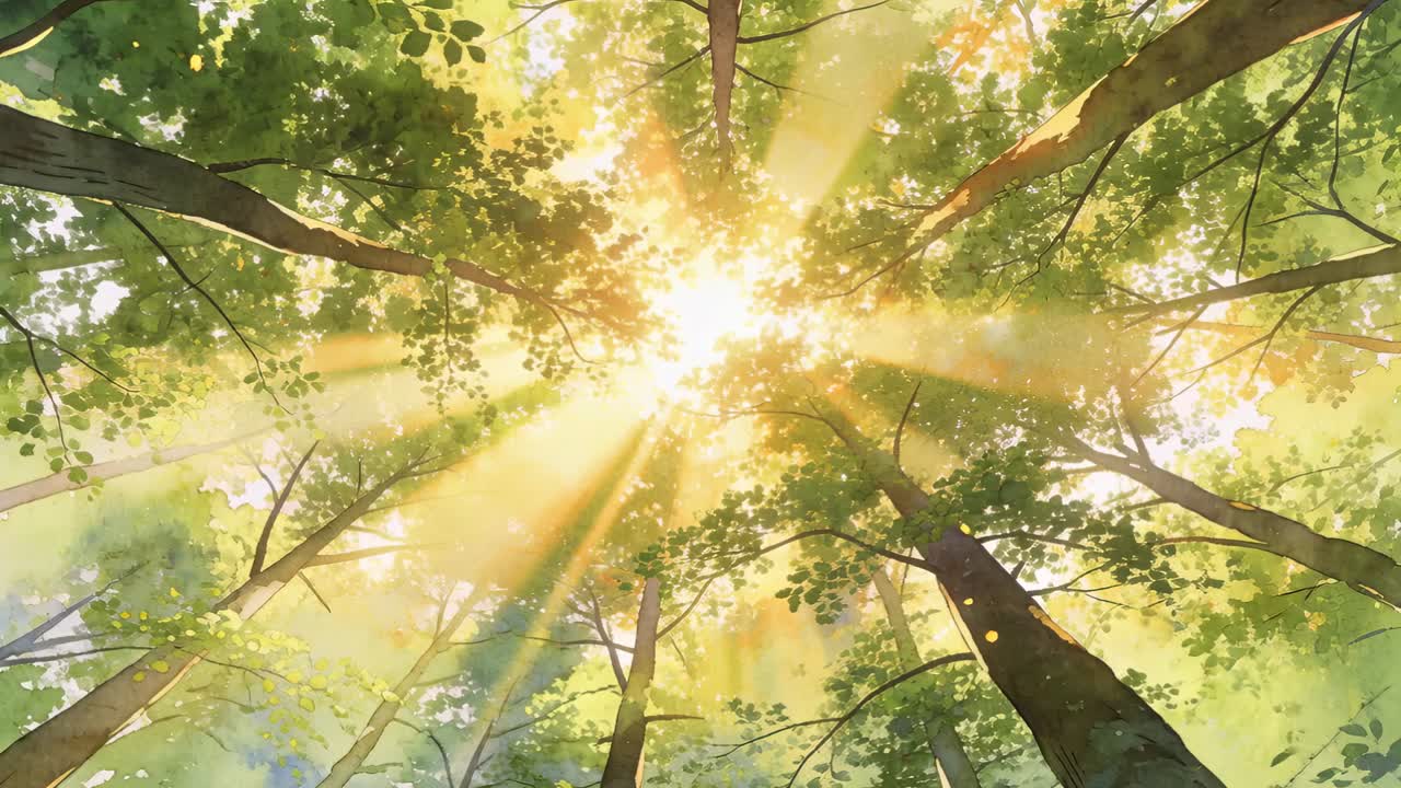 葉が生い茂る森の木陰に光芒が差し込み、高い木々の幹が黄金の光線を投げかける。葉はきらきらと輝いている。