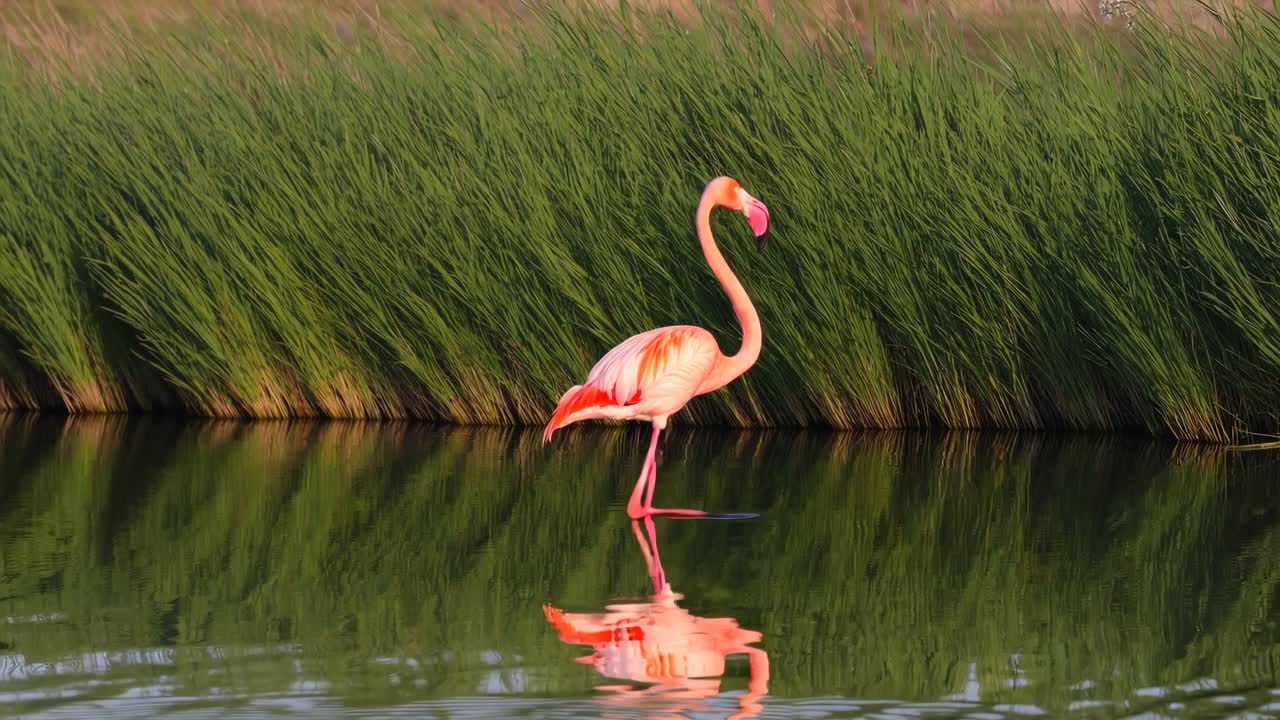 A flamingo stands in calm water, surrounded by tall grass. The side angle captures its reflection