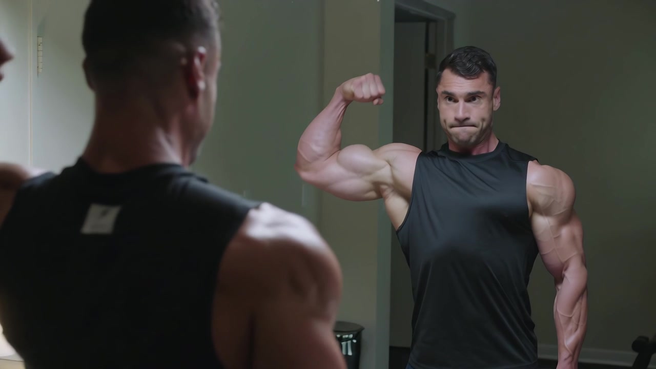 Glancing man in black tank flexing left bicep at vanity mirror, holding dumbbell checking muscles