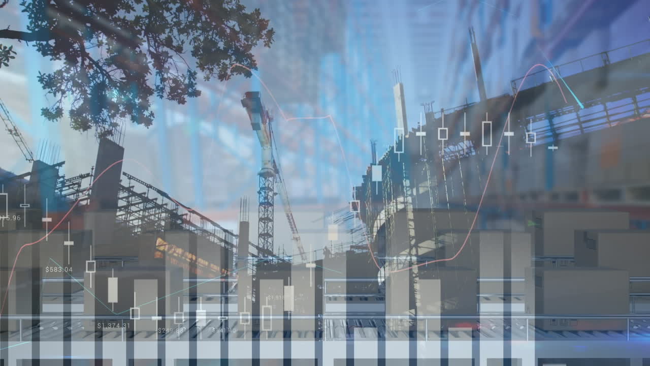 창고의 컨베이어 벨트에 있는 상자 위에서 금융 데이터 처리의 애니메이션