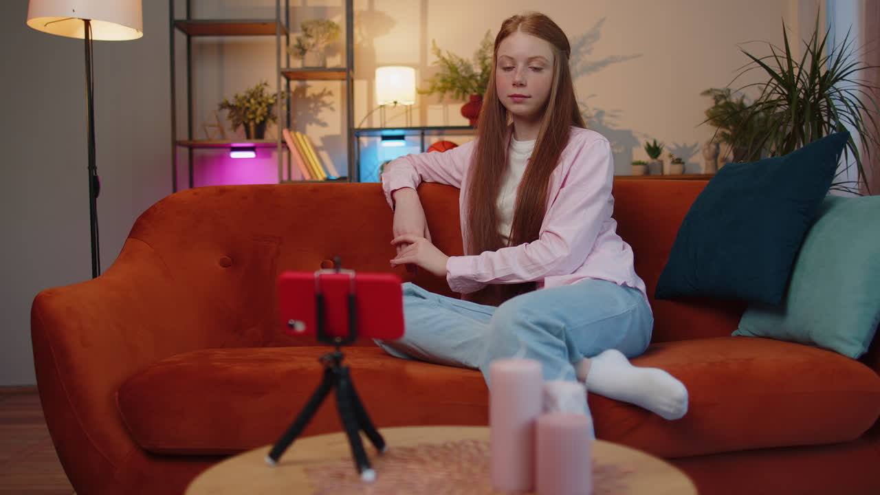 아이 블로거가 스마트폰으로 셀피를 찍고 가입자와 온라인으로 비디오 통화를 하고 있습니다.