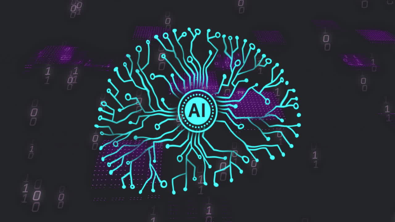 Animation of circular ai scanner and motherboard brain network over processing data on black