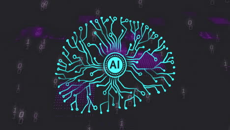animación de escáner de ia circular y red cerebral de la placa base sobre el procesamiento de datos en negro
