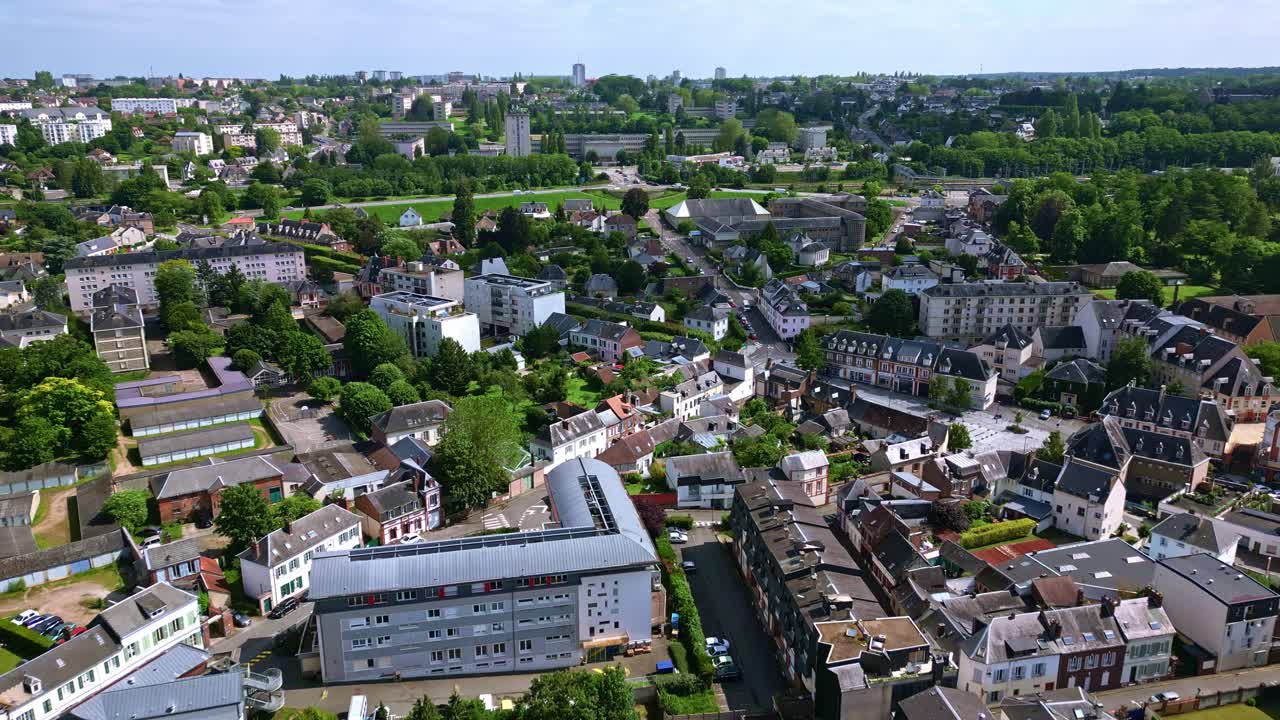 Evreux cityscape, Normandy in France. Aerial drone forward view
