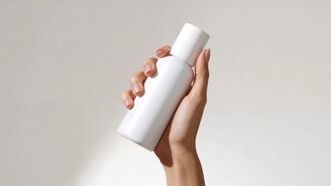 Entering frame female hand grasping white bottle in studio, rotating and tilting for inspection