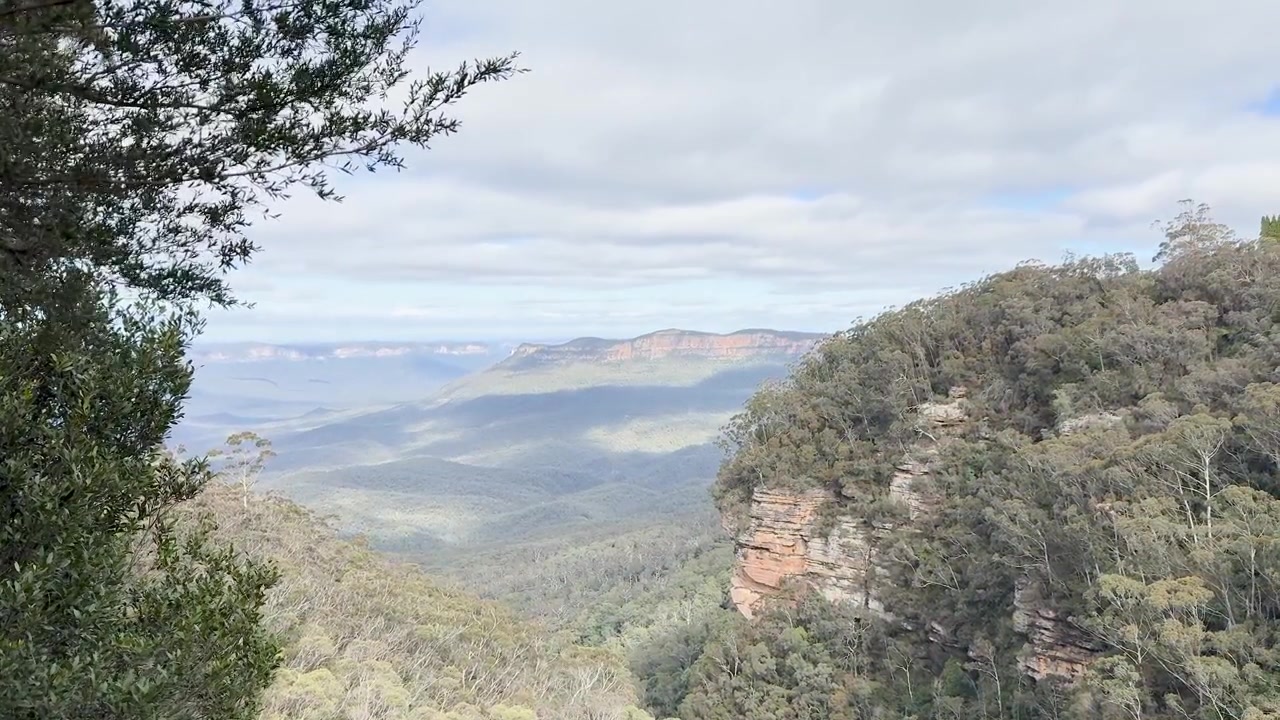 Inquadratura ampia statica delle scogliere di arenaria della Jamison Valley e della foresta di eucalipti nelle Blue Mountains, Australia
