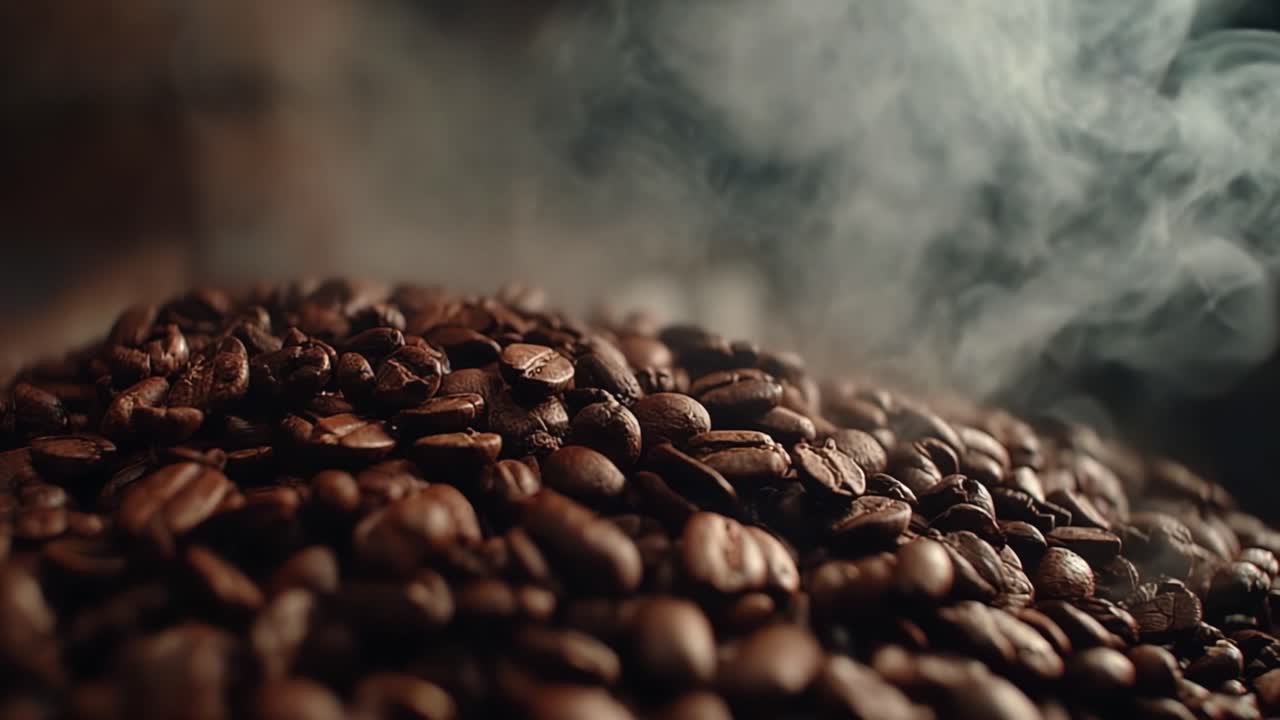 Fængslende kaffebønner: En nærbillede-udforskning af friskristet kaffe, gennemstrømmet af damp og rig aroma, perfekt til at brygge den ultimative kop kaffe.