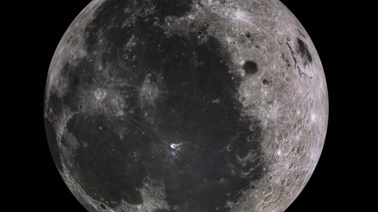 Moon Rotating on Black Deep Space Background as Camera Moves Closer to Largest Earth Satellite. Craters Visible on Surface. ProRes