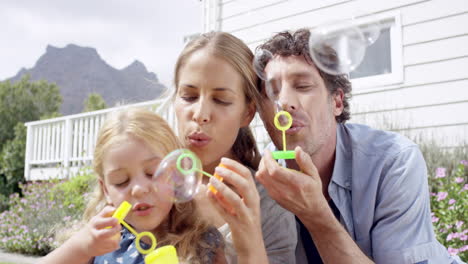 happy family blowing bubbles in the yard at home