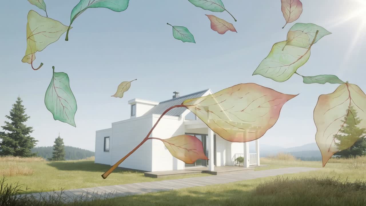Foglie ad acquerello che fluttuano, trasportate da una leggera brezza sopra una casa in un prato, che mostra un portico e porte a vetro.